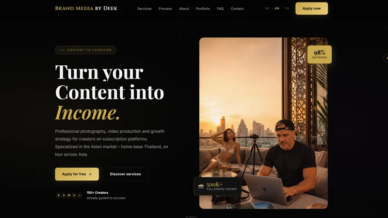 Screenshot der Webseite Brand Media by Deek – Content-Creator-Plattform mit dunklem Design, goldener Typografie und Fotoproduktion in Asien