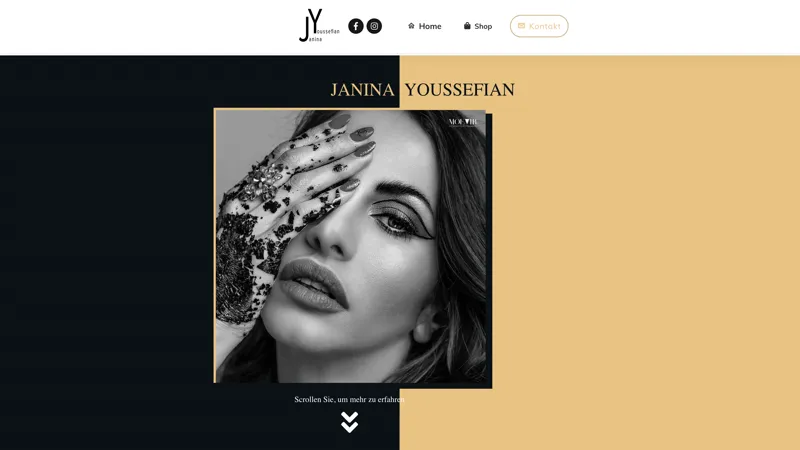 Screenshot der Webseite Janina Youssefian – Model und Reality-Star mit zweifarbigem schwarz-gold Design und Editorial-Fotografie