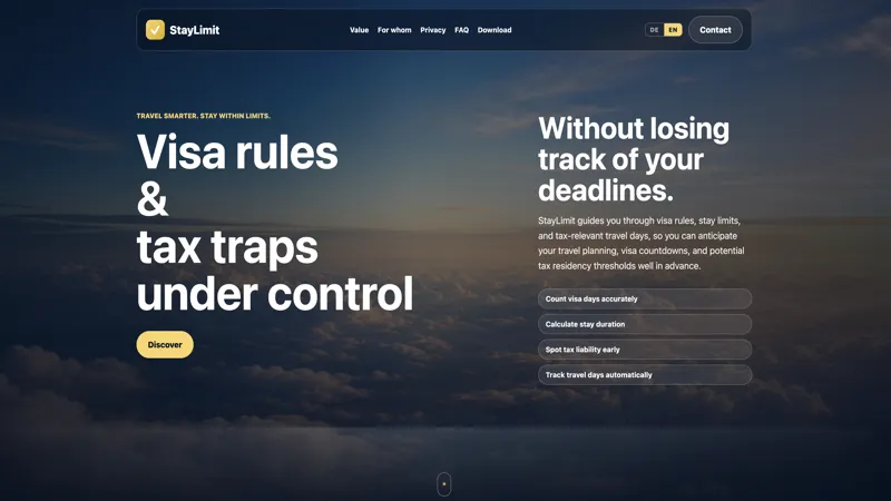 Screenshot der Webseite StayLimit – Travel-App für Visa-Tracking mit dunklem Wolken-Hintergrundbild und klarer Typografie